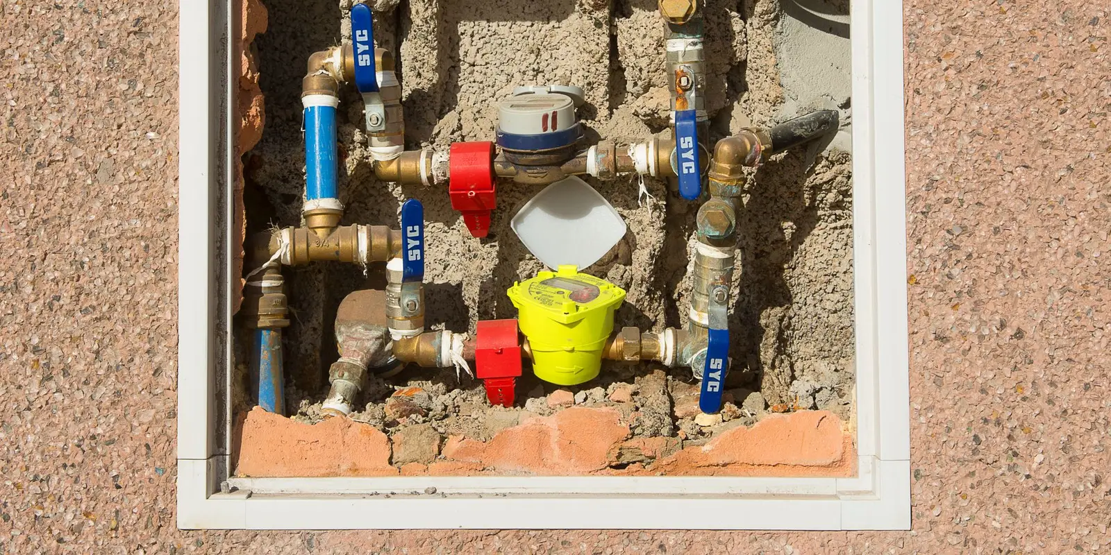 Leak detection in Miami: water meter and supply valves in a stucco wall